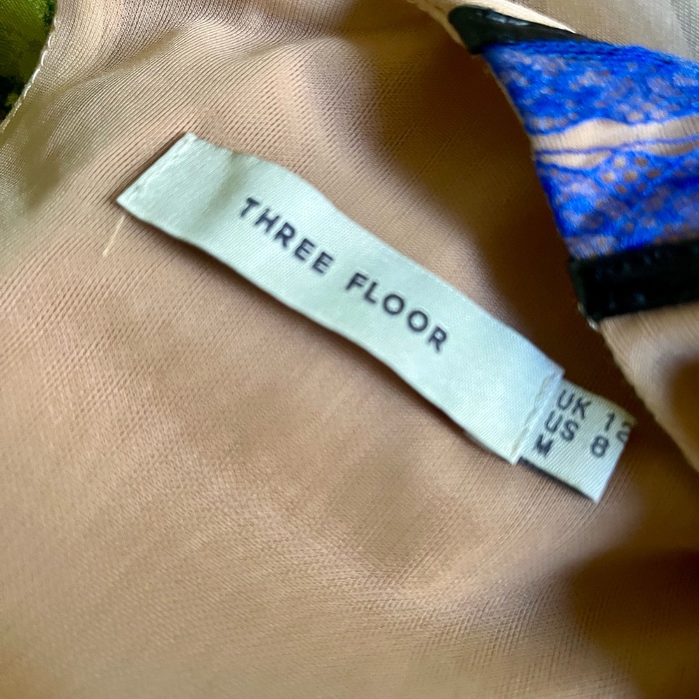 Three Floor electric blue/periwinkle Dress w/Lace, black leather, & sheer detail - Picture 5 of 16